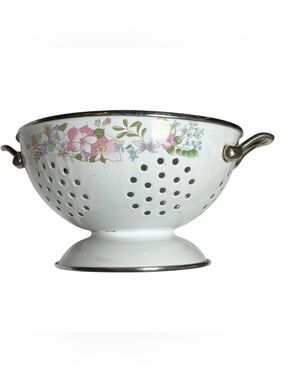 Vintage Kobe pink floral white enamel pedestal colander 9”
